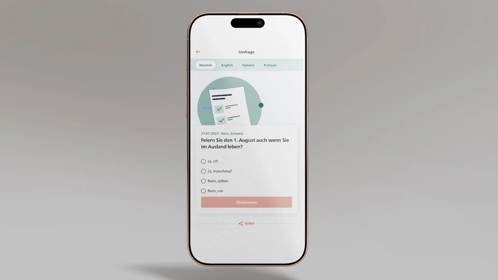 Das Bild zeigt ein Smartphone, auf dem die Umfrage-Funktion der SwissInTouch App angezeigt ist.